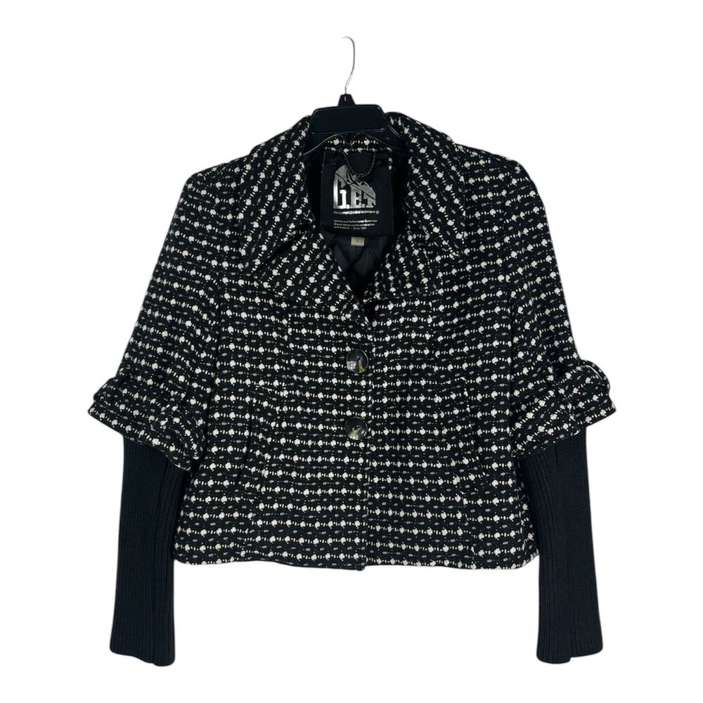 GET Tweed Jacket Large Black White Quilted Knit Convertible Sleeve Geek Chic Y2K